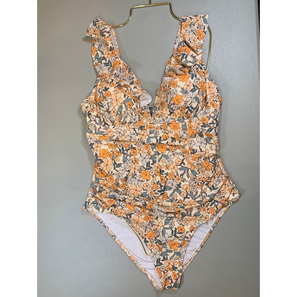 NWT Cupshe Yellow & Orange Floral Print Ruffle One Piece Bathing Suit Sz XXL